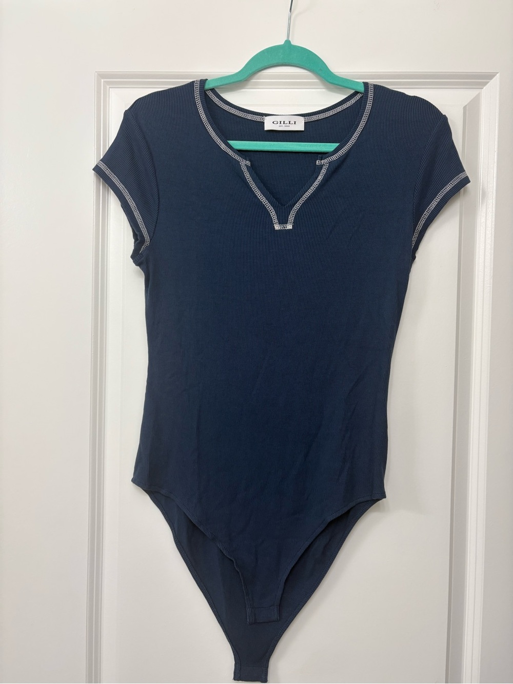 Gilli Navy Ribbed Short Sleeve Top with White Trim